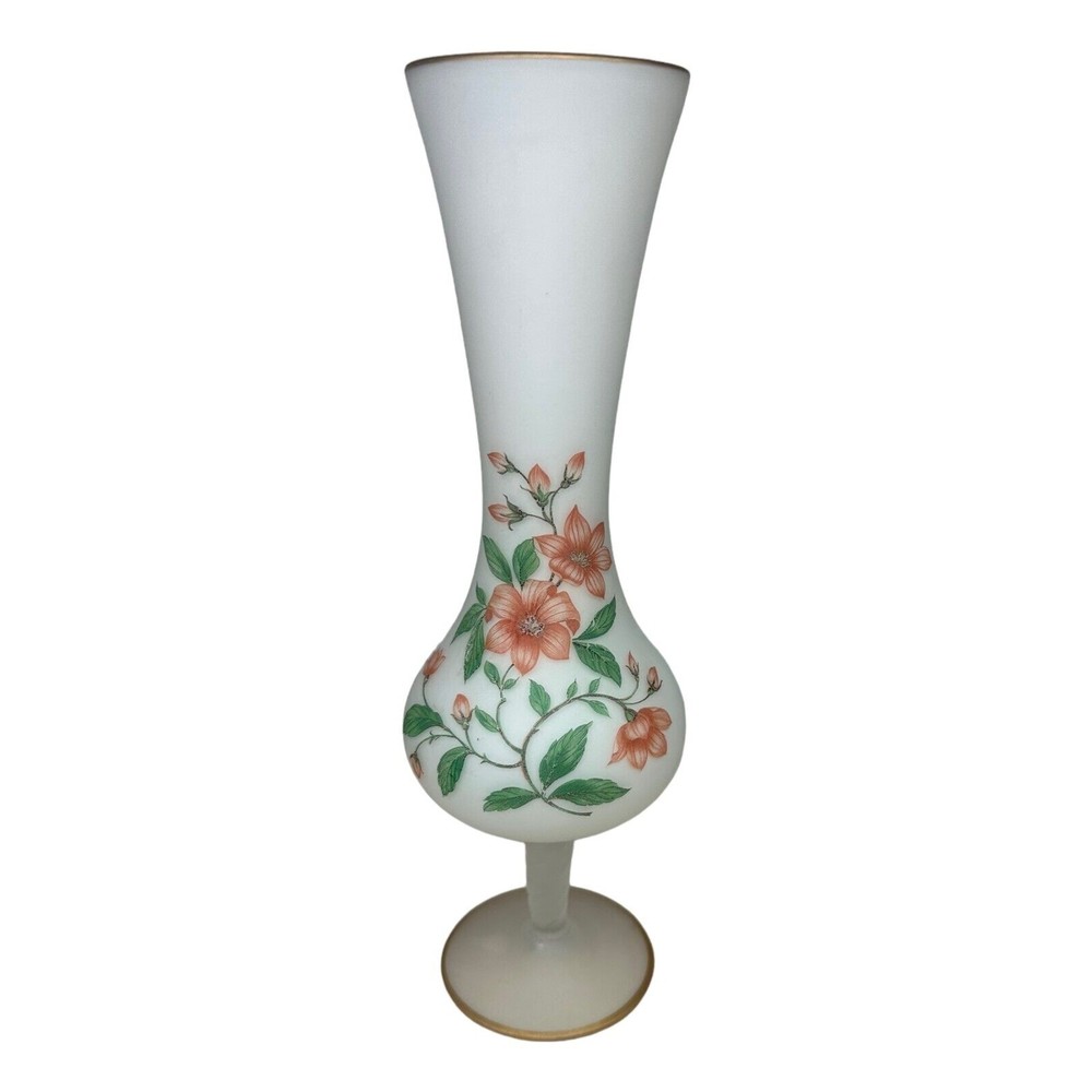 Vintage White Frosted Glass Floral Gold Rim Twisted Stem Flower Bud Vase 10"